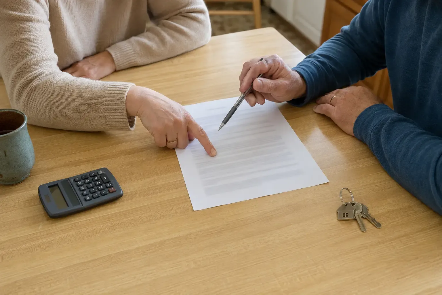 Two people reviewing a property offer at a kitchen table